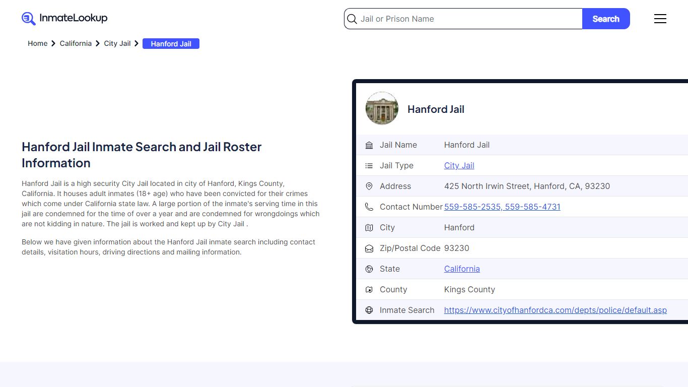 Hanford Jail Inmate Search - Hanford California - Inmate Lookup